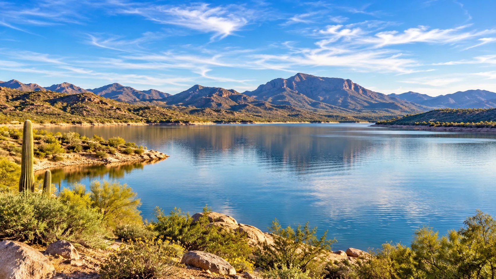Calm Arizona desert lake surrounded by saguaros, desert plants and mountains under a blue sky