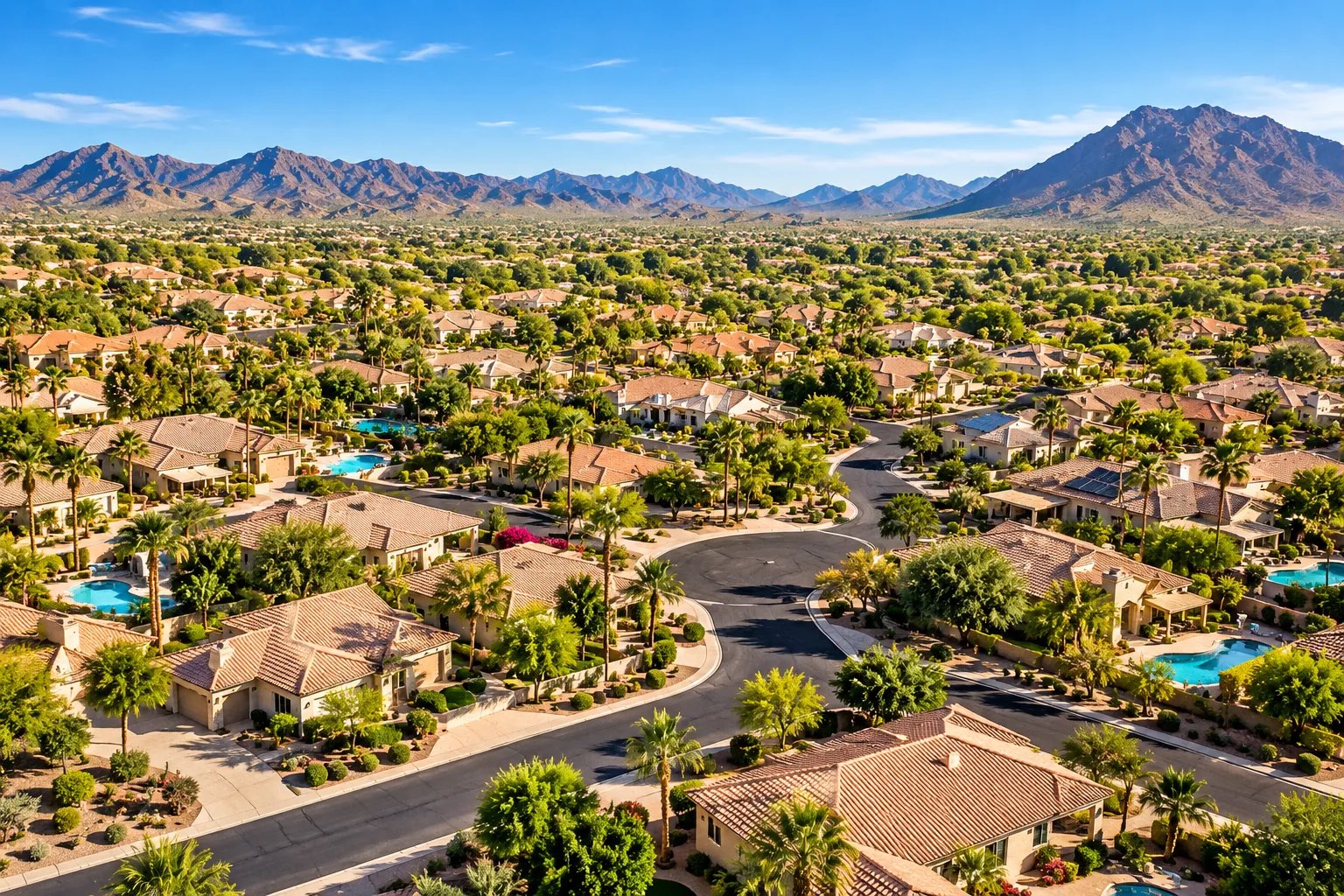 Aerial view of an Arizona desert neighborhood with tile roofs, pools, palm trees and mountains beyond