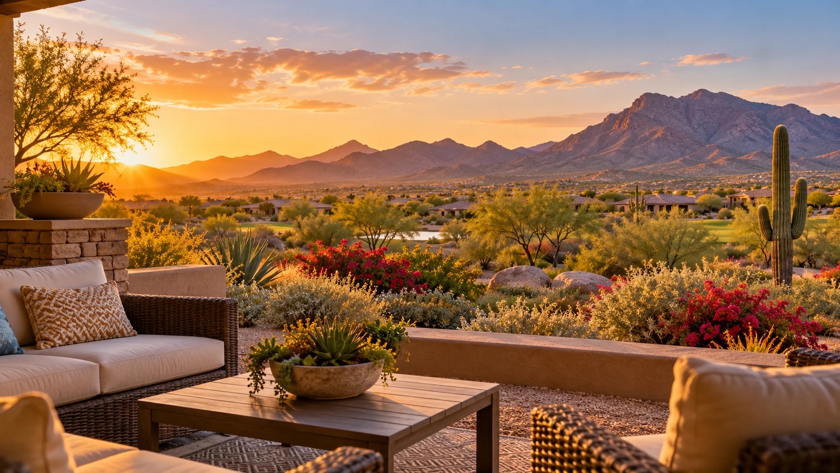 Covered patio with cushioned seating overlooking desert plants, a saguaro cactus and mountains at sunset