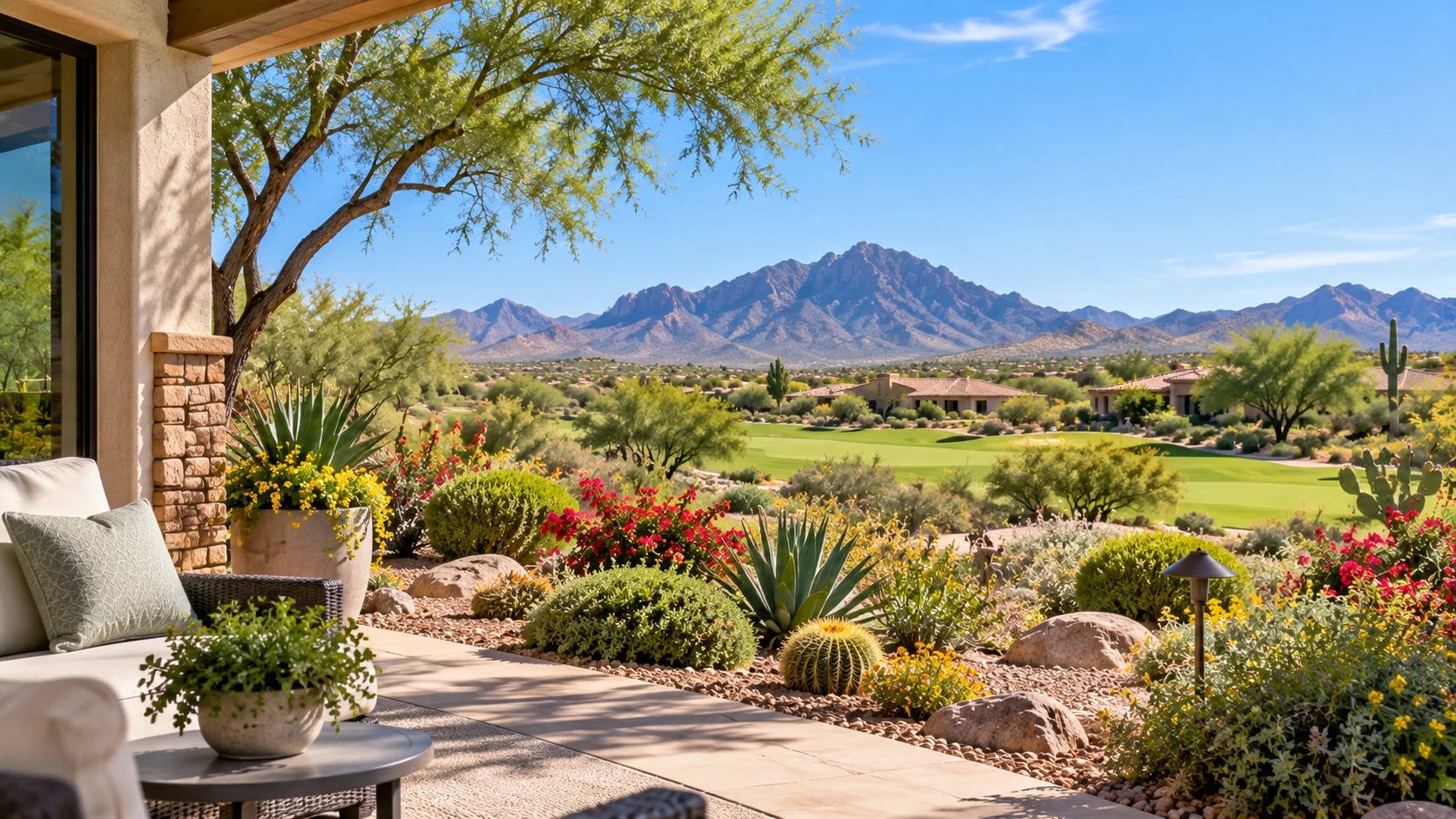 Covered Arizona patio with outdoor seating overlooking desert landscaping, a golf course and mountains