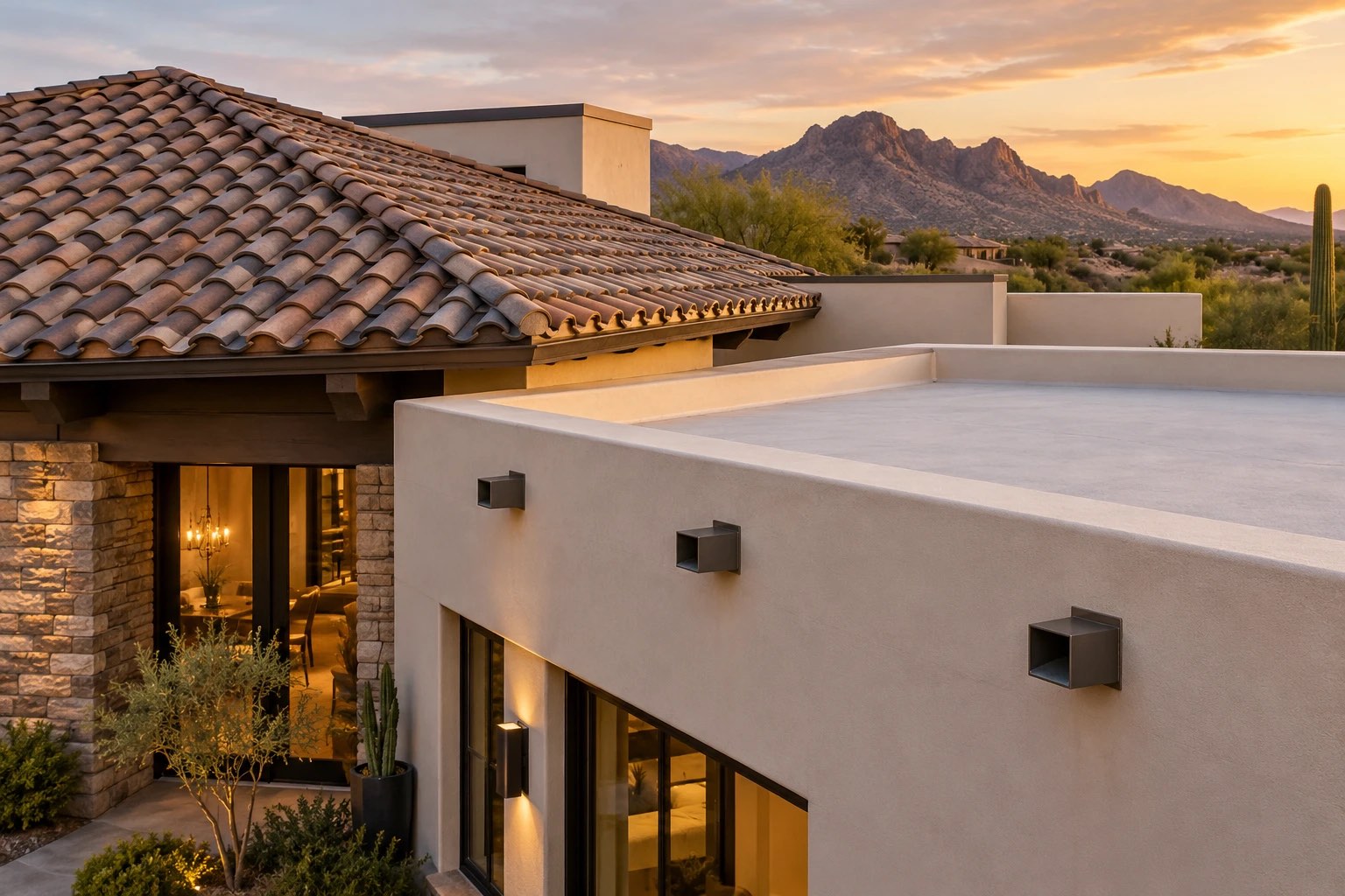 Arizona home with a clay tile roof beside a flat roof section with parapet walls and scuppers, mountains at sunset