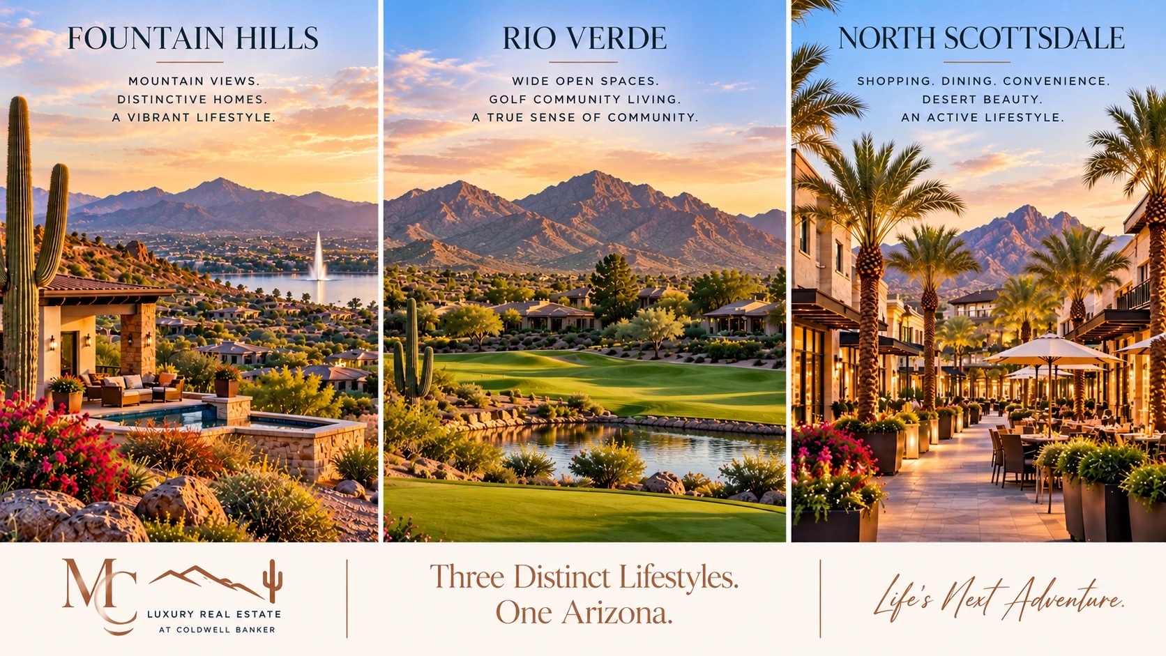 Three Arizona scenes labeled Fountain Hills, Rio Verde and North Scottsdale: hillside views, a desert golf course and a palm-lined dining walk